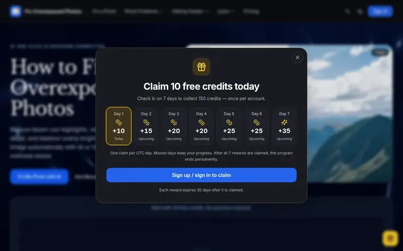 Screenshot of the Fix Overexposed Photos homepage