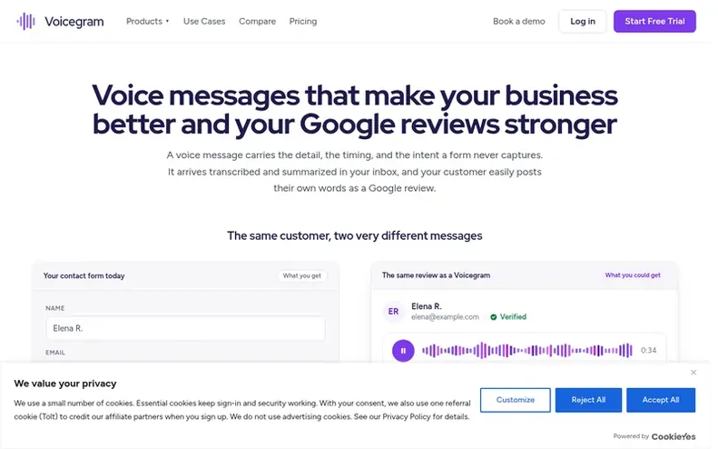 Screenshot of the Voicegram homepage