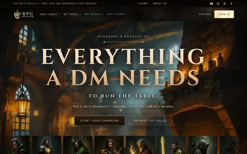 Screenshot of the RPG Builder homepage