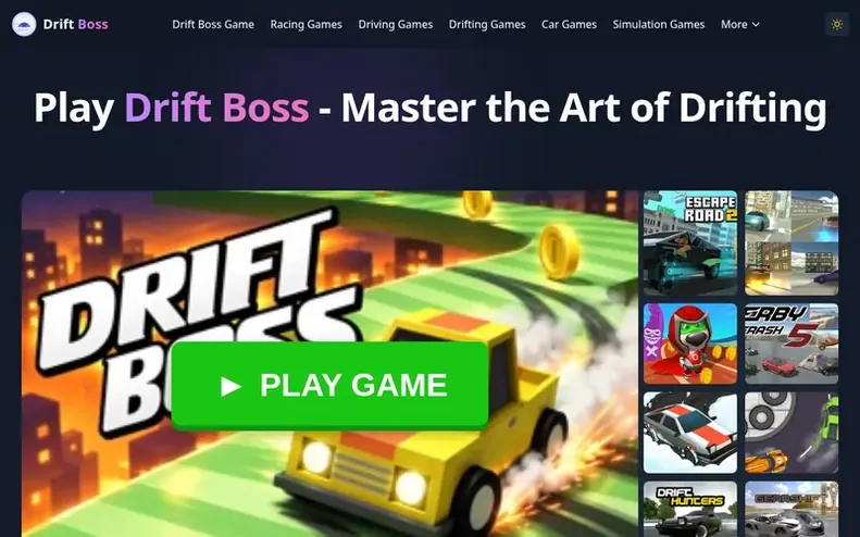 Screenshot of the Drift Boss homepage