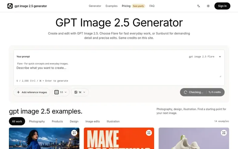 Screenshot of the gpt image 2.5 generator homepage