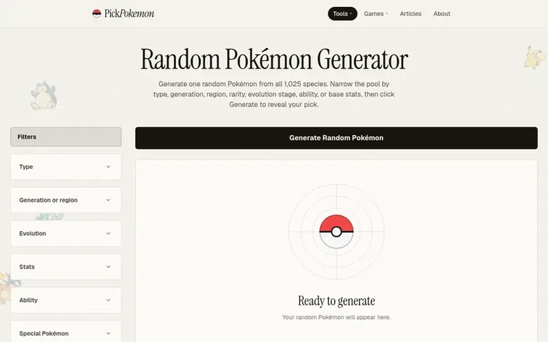 Screenshot of the PickPokemon homepage