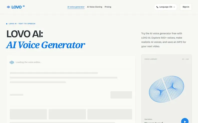Screenshot of the LOVO AI homepage