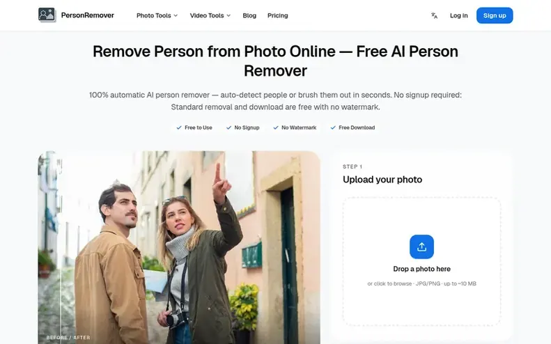 Screenshot of the PersonRemover homepage