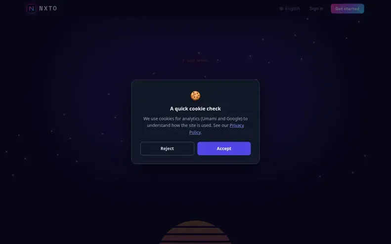 Screenshot of the NXTO homepage