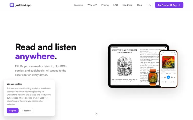 Screenshot of the justRead.app homepage