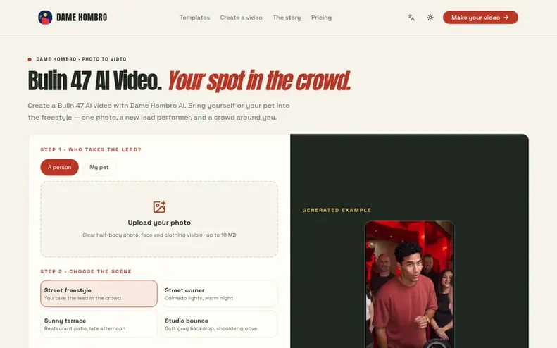 Screenshot of the Dame Hombro homepage