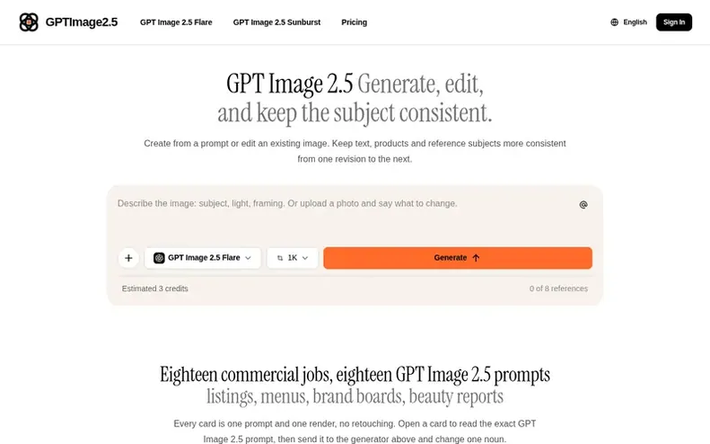 Screenshot of the GPT Image 2.5 homepage