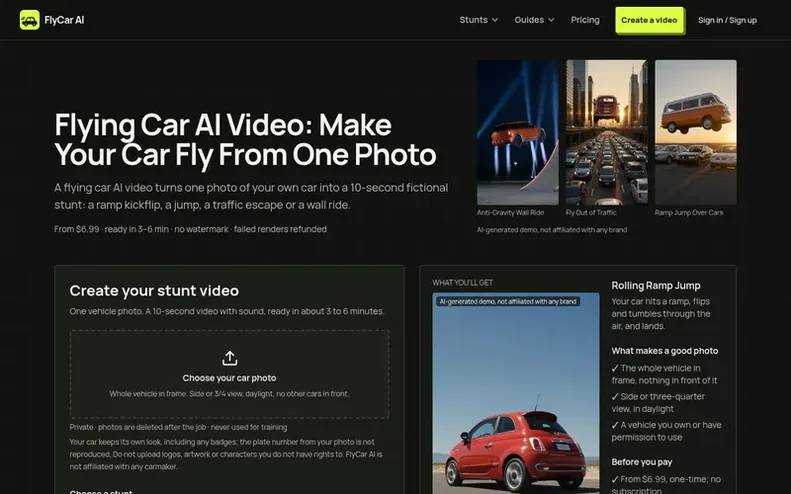 Screenshot of the FlyCar AI homepage