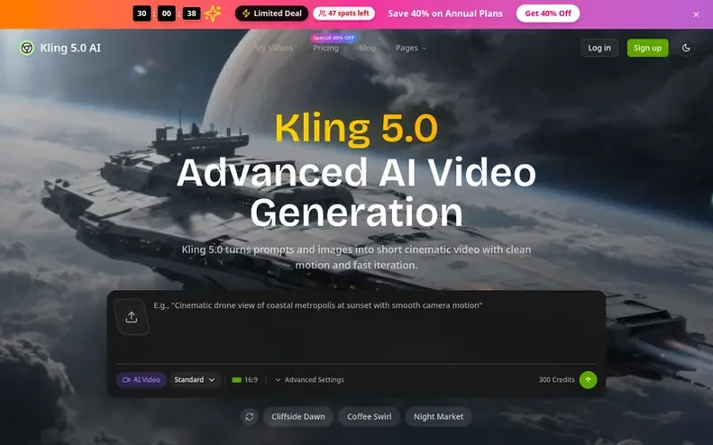 Screenshot of the Kling 5.0 AI homepage