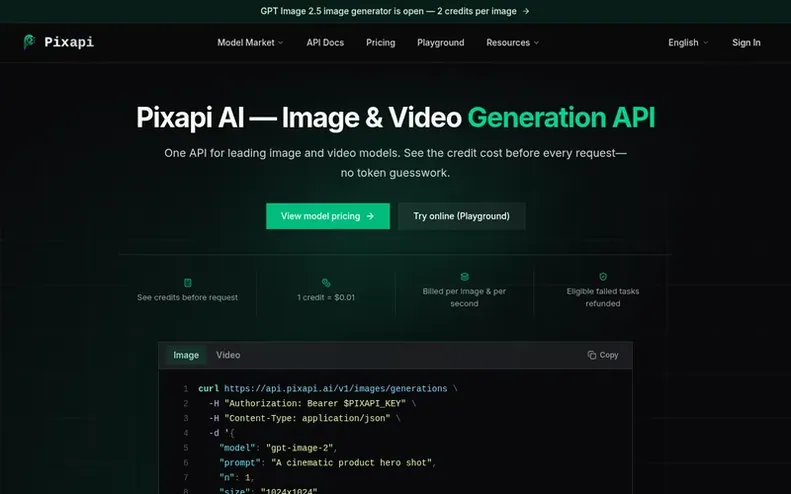 Screenshot of the Pixapi homepage