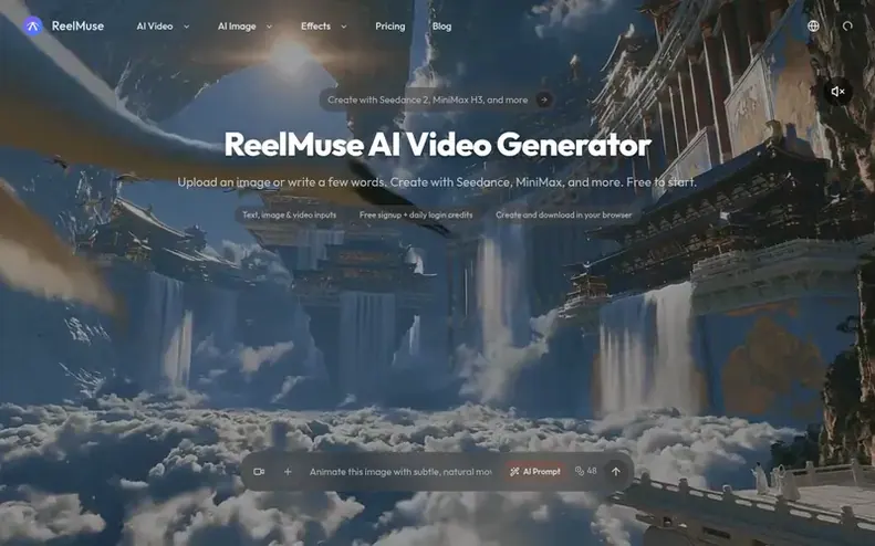 Screenshot of the ReelMuse homepage