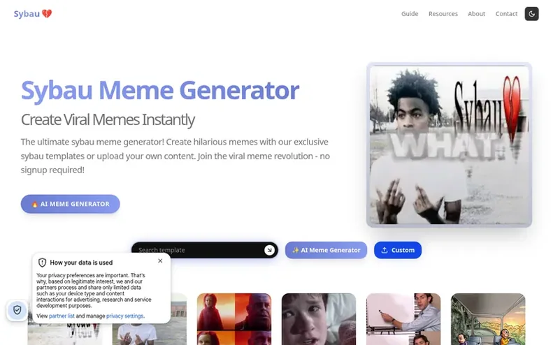 Screenshot of the Sybau Meme Generator homepage
