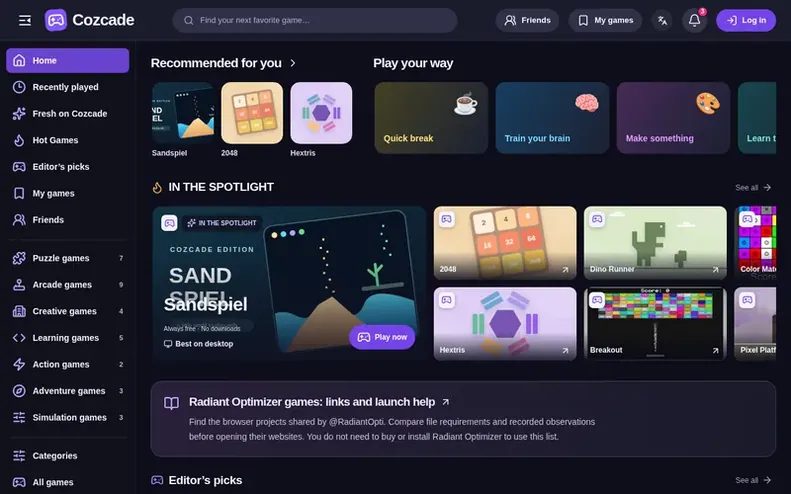 Screenshot of the Cozcade homepage