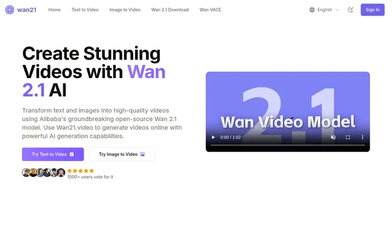 Screenshot of the Wan 2.1 homepage