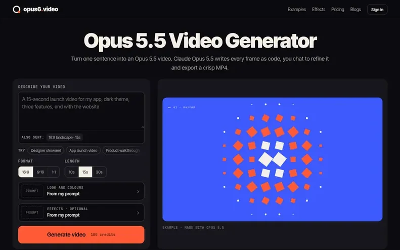 Screenshot of the Opus 5.5 Video Generator homepage
