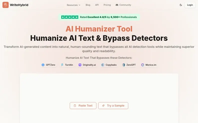 Screenshot of the WriteHybrid homepage