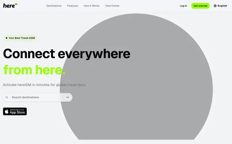 Screenshot of the hereSIM homepage