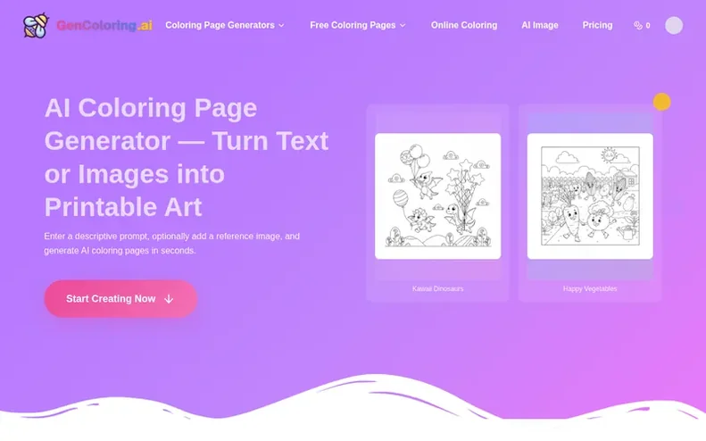 Screenshot of the GenColoring AI homepage