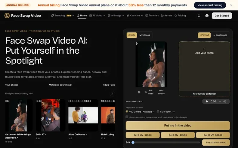Screenshot of the Face Swap Video homepage