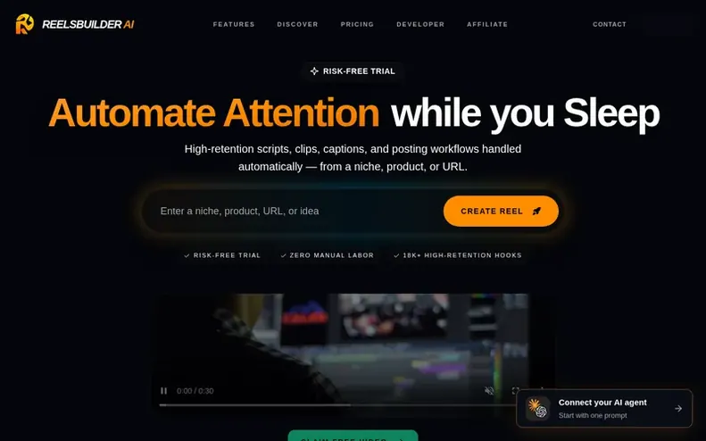 Screenshot of the ReelsBuilder AI homepage