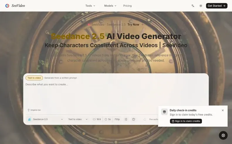 Screenshot of the SeeVideo homepage