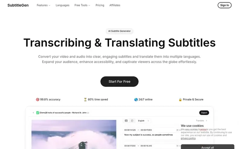 Screenshot of the SubtitleGen homepage