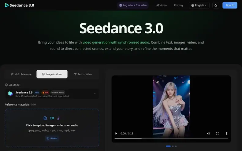 Screenshot of the Seedance 3.0 homepage