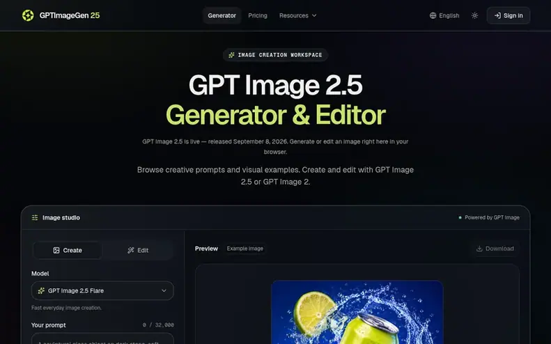 Screenshot of the GPTImageGen25 homepage