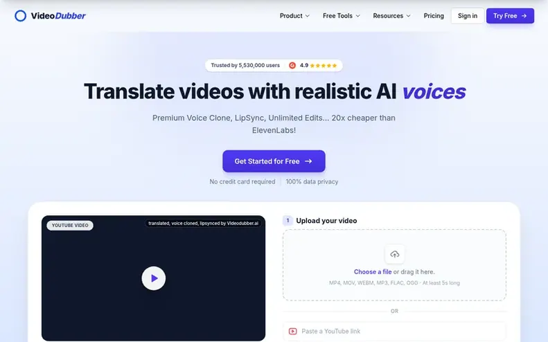 Screenshot of the VideoDubber homepage