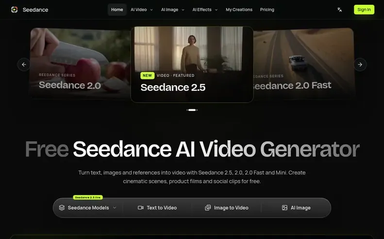 Screenshot of the Seedance homepage