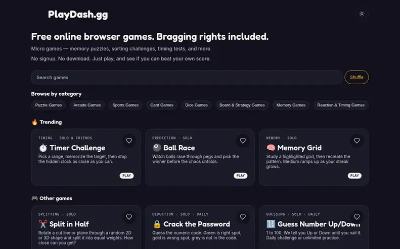 Screenshot of the PlayDash.gg homepage