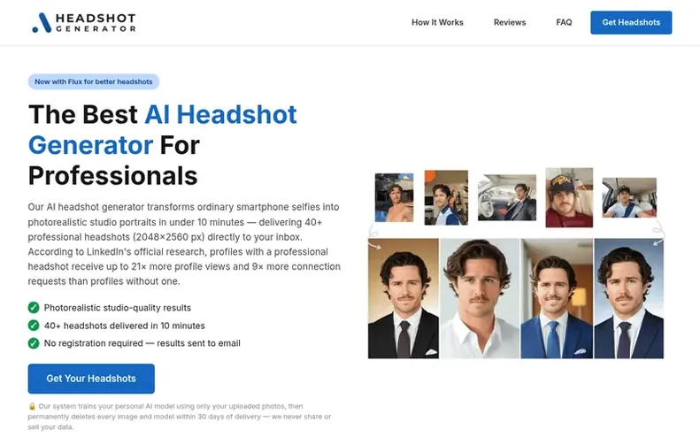 Screenshot of the AI Headshot Generator homepage