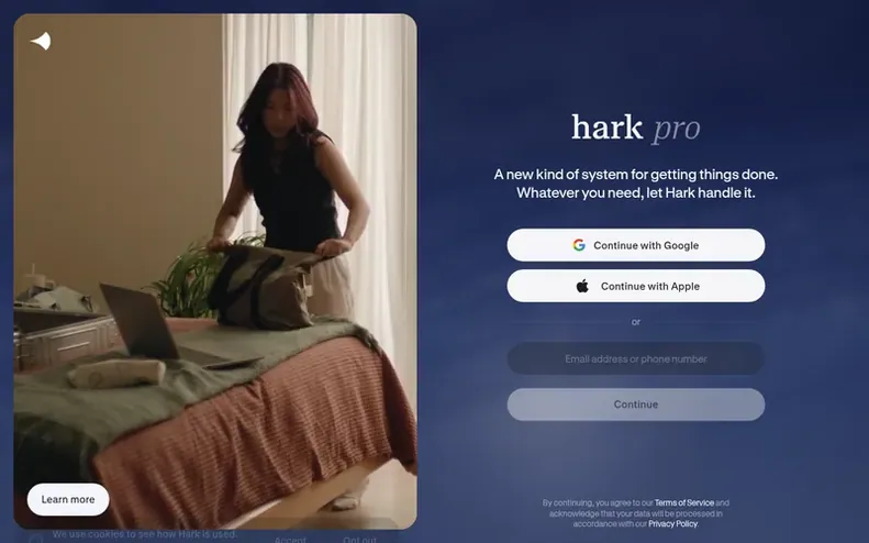 Screenshot of the Hark homepage