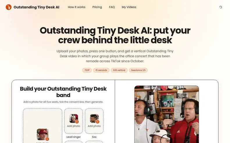 Screenshot of the Outstanding Tiny Desk AI homepage