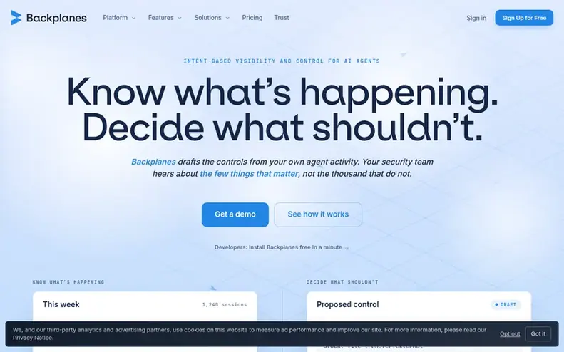 Screenshot of the Backplanes homepage