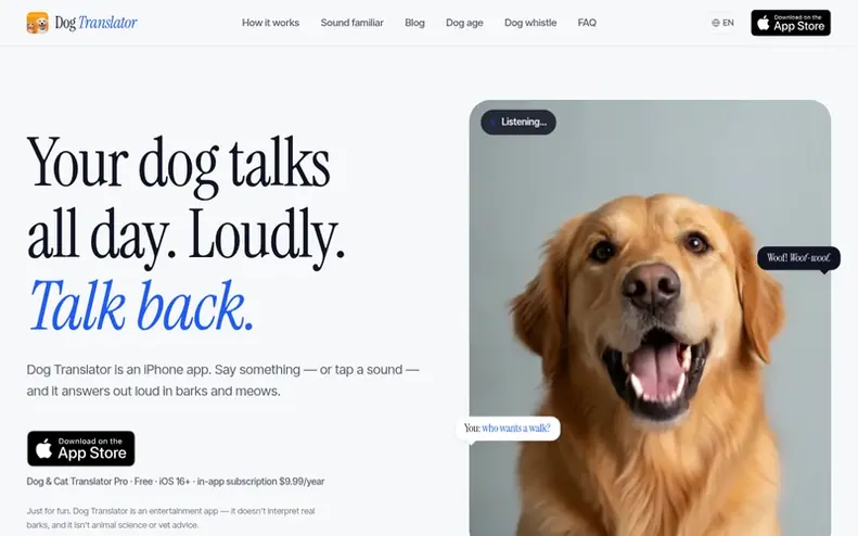 Screenshot of the Dog Translator homepage