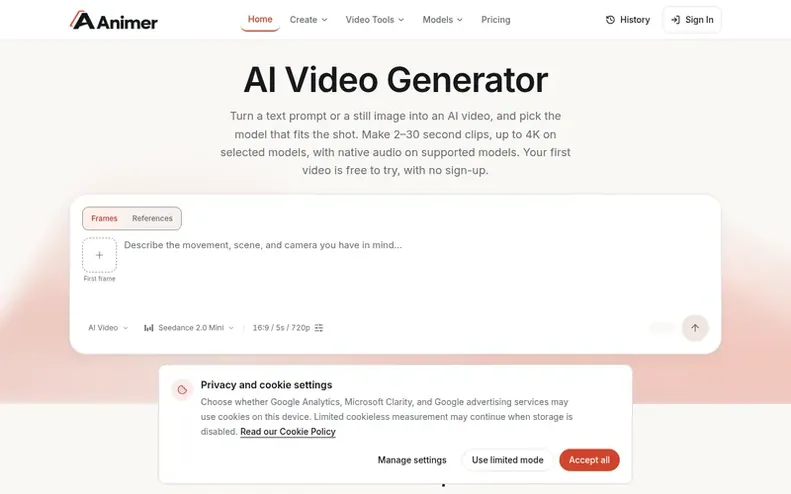 Screenshot of the Animer homepage