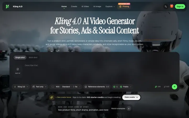 Screenshot of the Kling 4.0 homepage