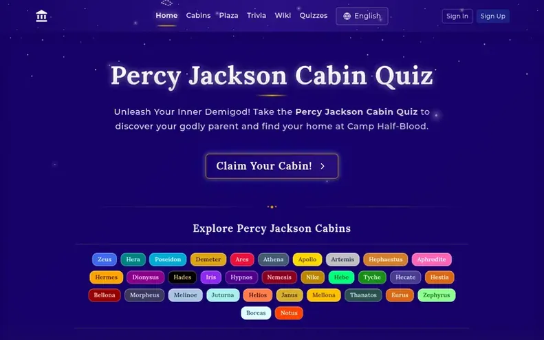 Screenshot of the Percy Jackson Cabin Quiz homepage