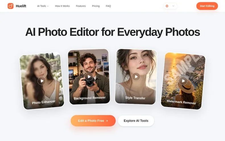 Screenshot of the Huelift homepage