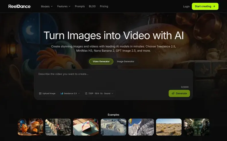 Screenshot of the ReelDance homepage