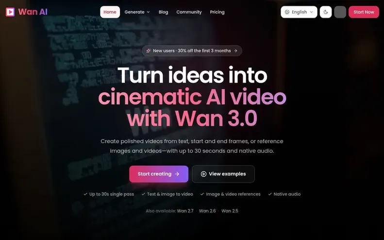 Screenshot of the Wan AI Video Generator homepage