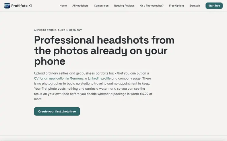Screenshot of the Profilfoto KI homepage